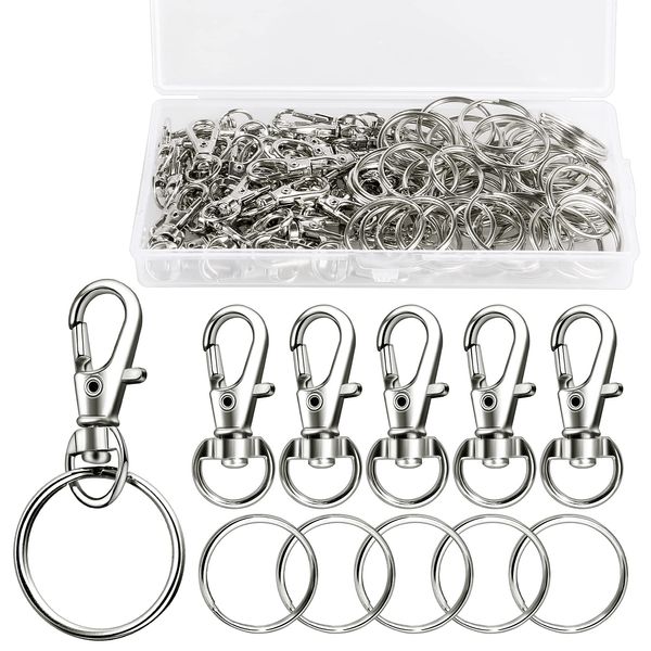 100Pcs Swivel Lobster Clasps & Key Ring Hoops with Plastic Box,50Pcs Metal Clips and 50Pcs Keyring Key Chain Hooks with Split Rings for Jewellery Making Hanging Crafts,Silver,SPYX18