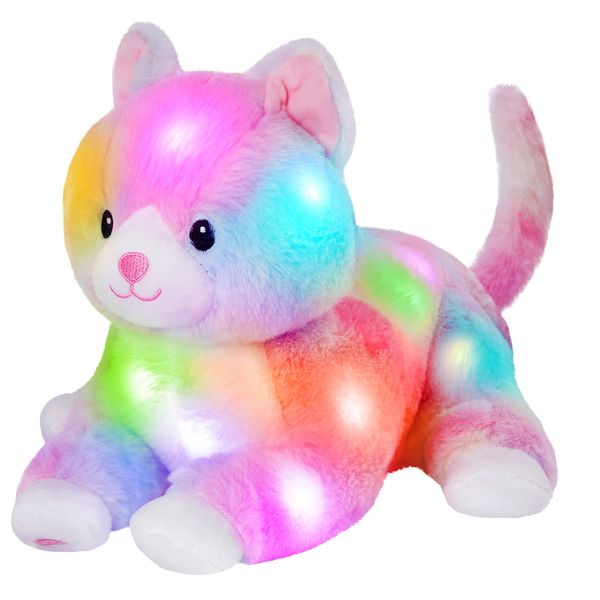 Glow Guards 13'' Lying Light up Rainbow Cat Plush Toy Rainbow Kitty Soft Stuffed Animal Bed Night Light Birthday for Toddler Kids