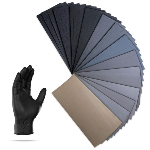 42Pcs Sandpaper with Pair of Gloves 120-3000 Grit- Assorted grit sandpaper Sheets for Wood, Plastic, Metal - Wet & Dry Sanding on Various Surfaces.