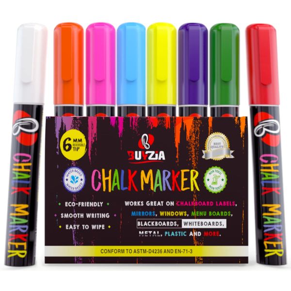 BUYZIA Liquid Chalk Markers - 8 Pack Neon Colors - 6mm Chalk Pens with Reversible Tip for Blackboards, Chalkboards, Glass, and Windows