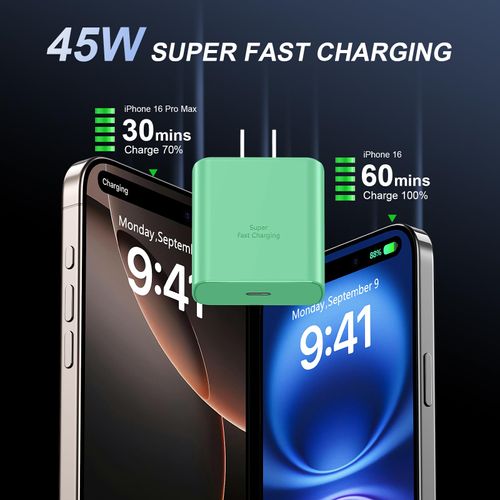 Phone 16 Pro Max Charger Fast Charging, 45W USB C Phone 16 Super Fast Charger Block with 10ft Long Type C Charging Cable Cord for Phone 16/16 Pro/16 Pro Max/16 Plus, 15/15 Pro Max/Pro/Plus Green