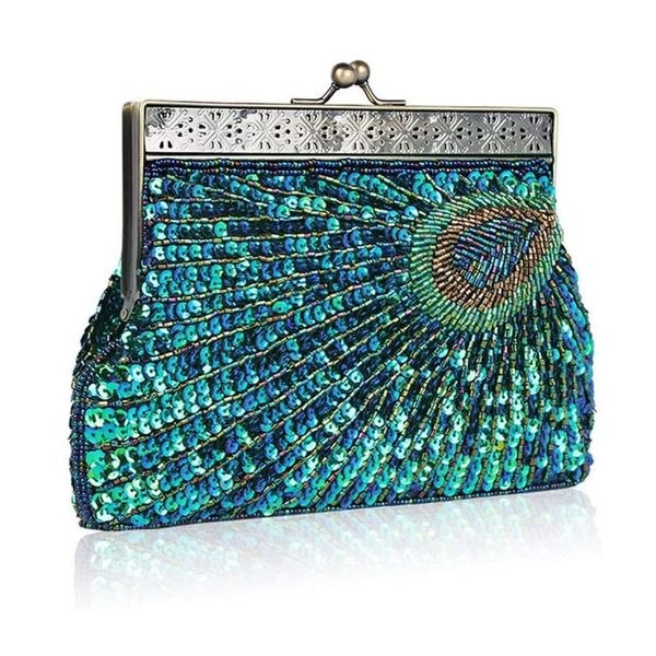 Vintage Sequin Peacock Clutch Bag, Antique Beaded Evening Handbag Clutch Bags, Turquoise Eye Catching Purse for Wedding (Blue)