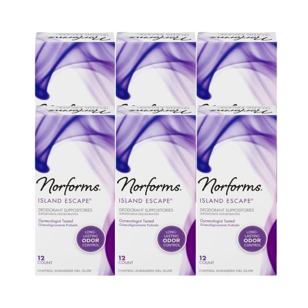 Norforms Feminine Deodorant Suppositories, Long Lasting Odor Control, Island Escape Scent, 12 Count (Pack of 6)