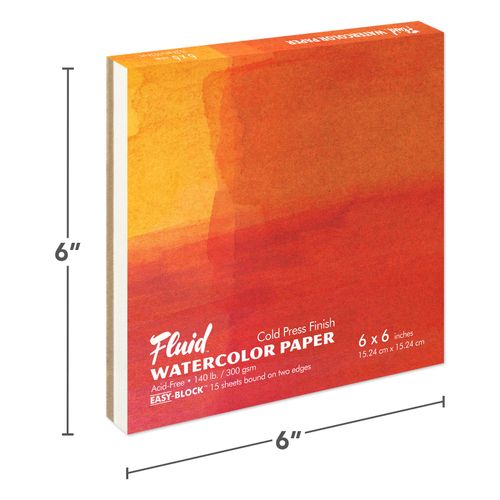 Fluid Artist Watercolor Block, 140 lb (300 GSM) Cold Press Paper Pad for Watercolor Painting and Wet Media with Easy Block Binding, 6 x 6 inches, 15 White Sheets