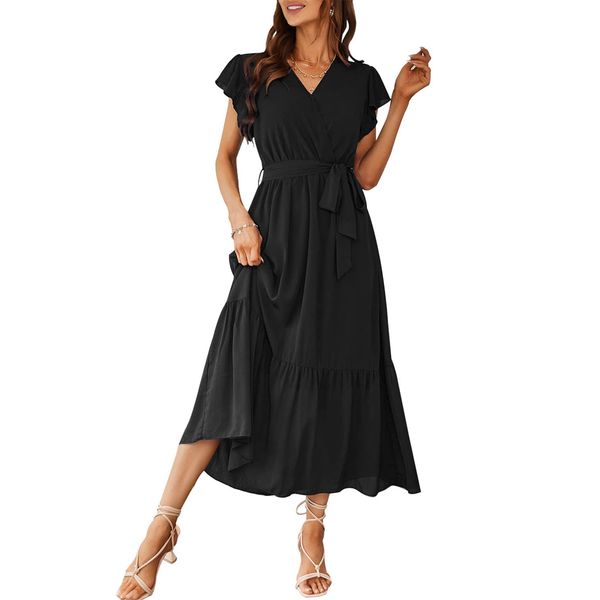 PRETTYGARDEN Women's 2024 Floral Boho Dress Wrap V Neck Short Sleeve Belted Ruffle Hem A-Line Flowy Maxi Dresses (Solid Black,Small)