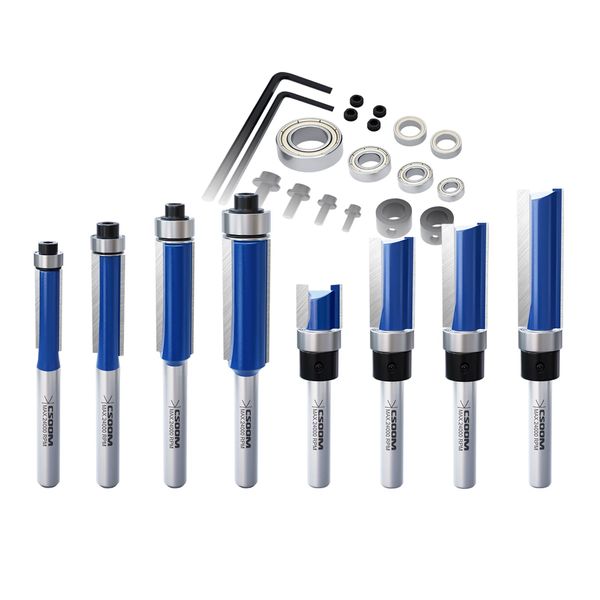 CSOOM Pro Wood Cutting Tool Set of 8, Includes Straight Bits with 6mm Shaft Diameter Targuide Bearing, Perfect for Door Carving and Decorative Processing! Also Includes 5PCS Bearing Replacement Set to Replace Worn and Damaged Bearings on Router Bits!