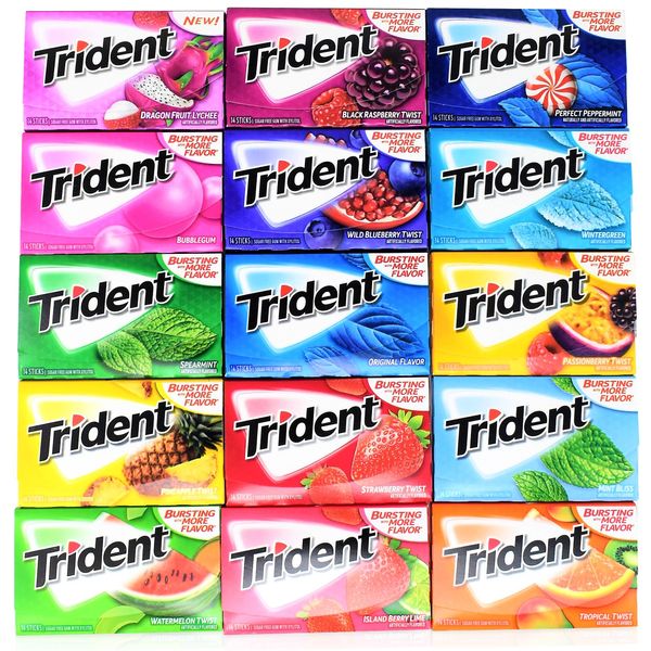 Trident Sugar Free Chewing Gum Variety Pack of 15 (Assorted Flavors)