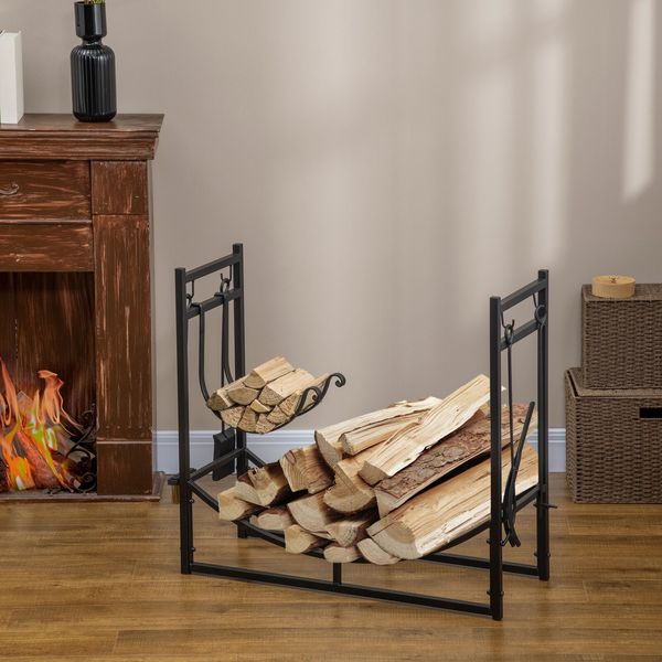 Firewood Log Rack Holder with Tools Indoor Outdoor Wrought Iron 33" L