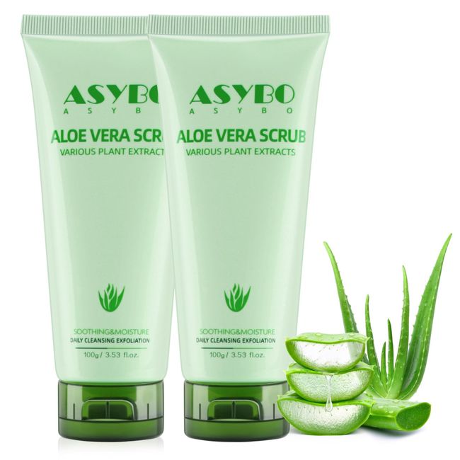 ASYBO Natural Facial Scrub, Organic Aloe Vera Exfoliating Scrub for Blackheads, Dark Spot and Acne, Face & Body Exfoliator to Remove Dirt, Oil, Daily Cleaning Skin Care 3.53oz(2PCS)