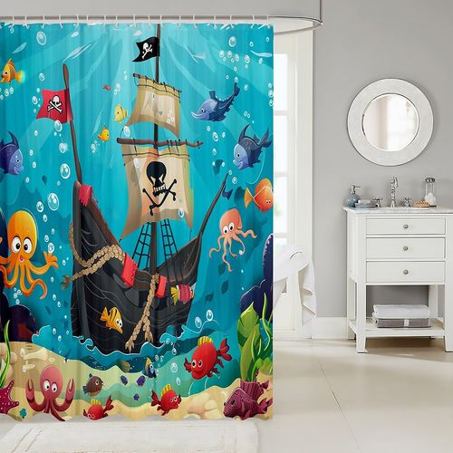 Cartoon Pirate Ship Waterproof Shower Curtains Marine Adventure Fabric Bathroom Shower Curtain Underwater Fish Dorm Bathtubs Decor Cute Octopus Jellyfish Curtain 72 x 74 Inch