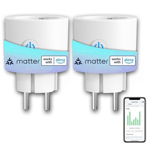 Matter WLAN Steckdose 16A 3680W Stromverbrauch Messen ANTELA Smart Stecker kompatibel mit Alexa,Google Home, HomeKit, SmartThings, APP Fernsteuerung, Überspannungsschutz, 2,4GHz, 2PCs