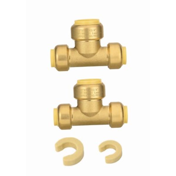 2 PCS  1/2"X1/2"X3/4" Push Fit Tee Brass Fitting & 2 Clips,Lead Free