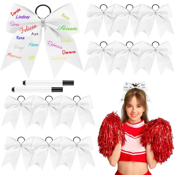 Solsew 12 Pcs Autograph Cheer Hair Bows White Write Name on Bows Leather Signature Bows Softball Cheer Hair Bows with 2 Pens for Cheer Keepsake Sports Banquet Cheerleader Hair Accessories Gifts