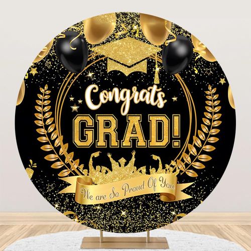 Graduation Round Arch Backdrop Cover 7.2ft Congrats Grad Circle Arch Stand Cover Backdrop Black Gold Glitter Balloon Class of 2025 School Circle Backdrop Cover Grad School Grad Party Decorations