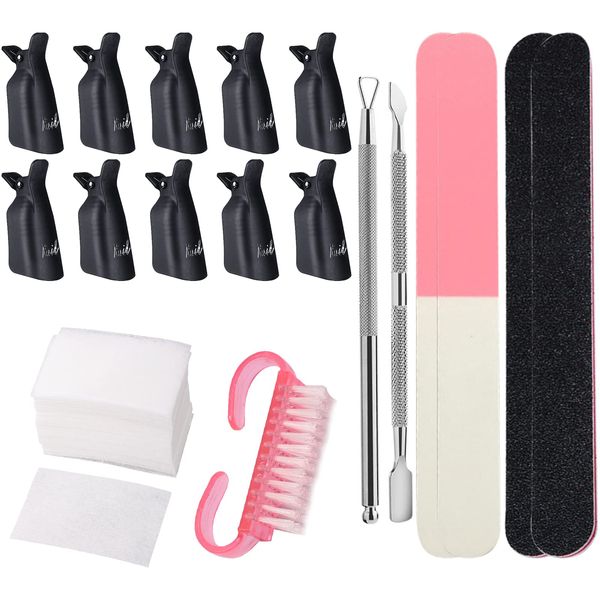 Gel Nail Polish Remover Tools Kit, VEGCOO 10 Pcs Nail Polish Remover Clips, 4 Nail Files, 200 Pcs Nail Wipe Cotton Pads, 2 Cuticle Pusher & a Nail Brush for Gel Manicure Nail Polish Removing (Black)