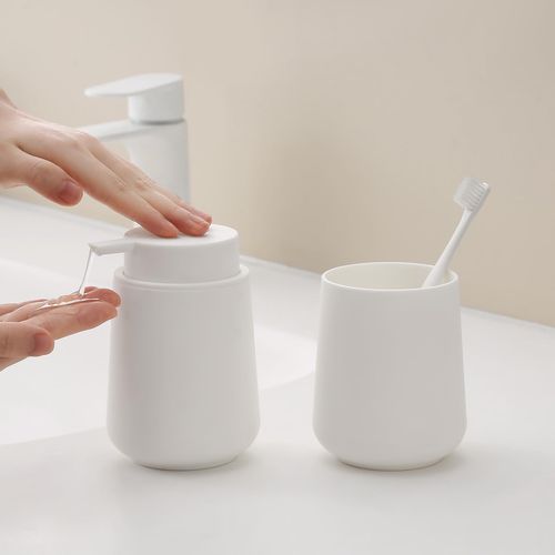 YAUKPH Matte White Bathroom Accessories 2 Piece Set Plastic Soap Dispenser and Toothbrush Holder for Modern Bathroom Decor