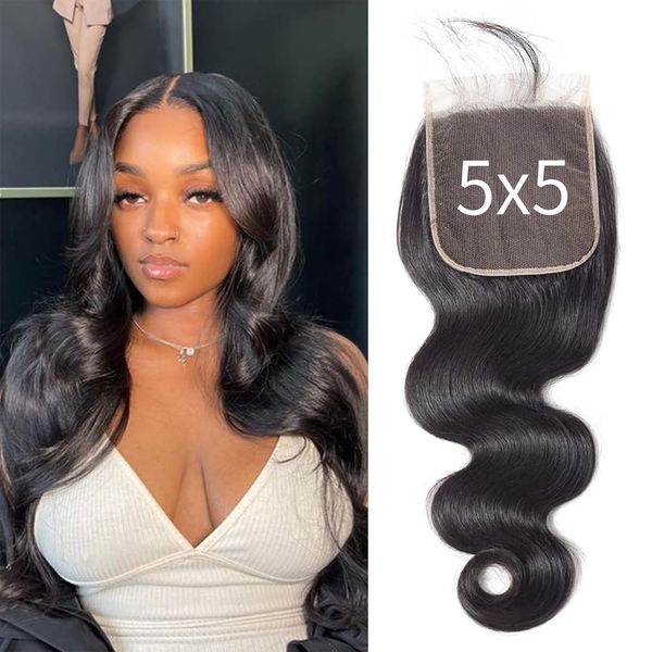 Lace Closure 5X5 Only Body Wave Hair Closure Invisible Lace 12A Brazilian Virgin Remy Human Hair Frontal Closure 100% Human Hair Extensions Pre Plucked Natural Black 18 Inch