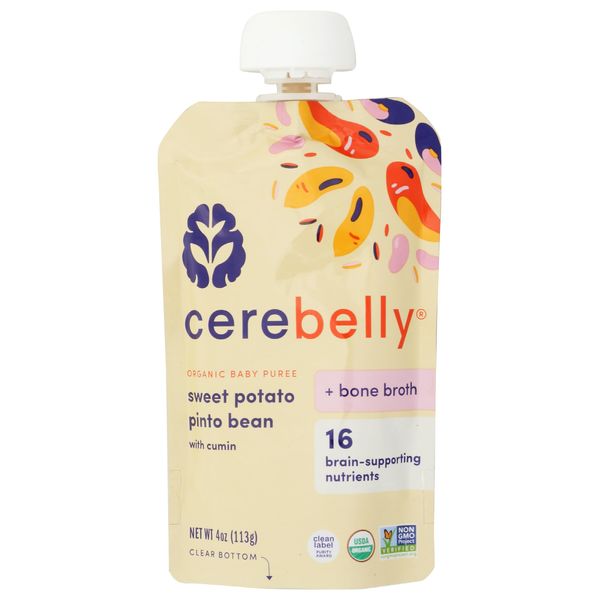 Cerebelly Baby Food Pouches – Sweet Potato Pinto Bean + Chicken Bone Broth (4 oz, Pack of 1) - Healthy Kids Snacks - Veggie Purees - 16 Brain-supporting Nutrients from Superfoods, No Added Sugar