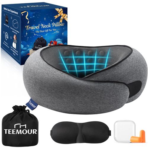 Neck Pillow for Airplane Travel Memory Foam Neck Travel Pillow with Eye Mask & Ear Plugs, Portable Carry Bag for The Comfort of Travel & Office, Travel Pillow for Plane, Car, Home, Work, Dark Grey