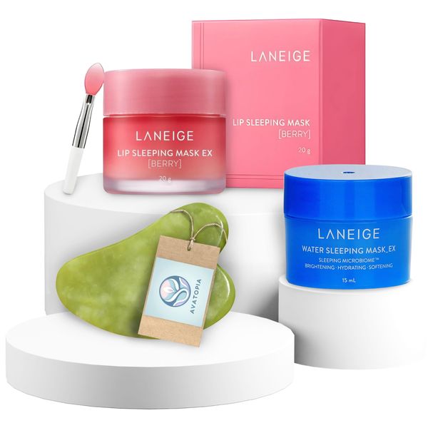 Laniege Lip Sleeping Mask Berry 20g, Mini Skincare Water Sleeping Mask 15ml & Natural Gua Sha Jade Stone Bundle, Hydrating Lip Masks, overnight mask, lip mask set, Guasha Tool Face