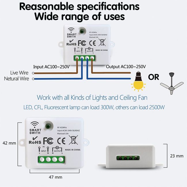 Remote Control Wireless Light Switch With Tiny Relay Module 2500w