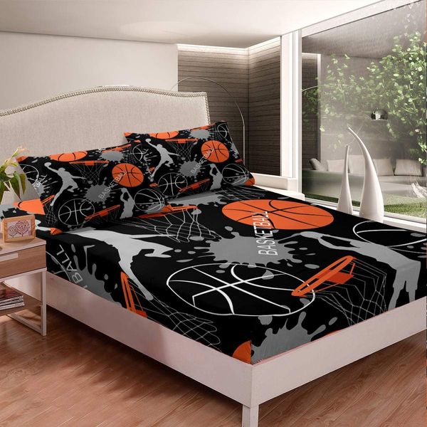 Basketball Fitted Sheet for Kids Boys Girls Teens Sport Theme 3D Basketball Star Slam Dunk Bed Sheet Set Skin-Friendly Microfiber Bed Cover Decor 3Pcs Bedding Set with 2 Pillowcase Full