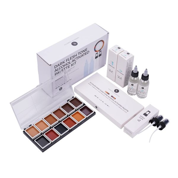 Narrative Cosmetics 12 Color Dark Flesh Tone Alcohol Activated Makeup Palette Kit - Includes Alcohol Activator and Moisturizing Remover - Waterproof Makeup for Professional Makeup Artists