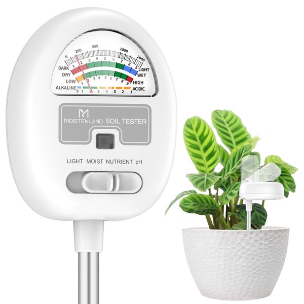 [Upgraded] Soil Moisture Meter, 4-in-1 Soil pH Tester, Soil Moisture/Light/Nutrients/pH Meter for Gardening, Lawn, Farming, Indoor & Outdoor Plants Use, No Batteries Required