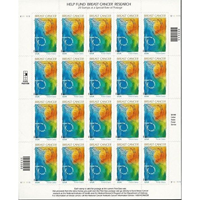 1998 Breast Cancer Research 20 x First Class Mail US Postage Stamps Scott B1