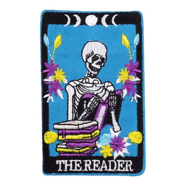 The Reader Skeleton Books Tarot Card Fortune Telling 3.6" Iron On Embroidered Thermoadhesive Patch for Clothing