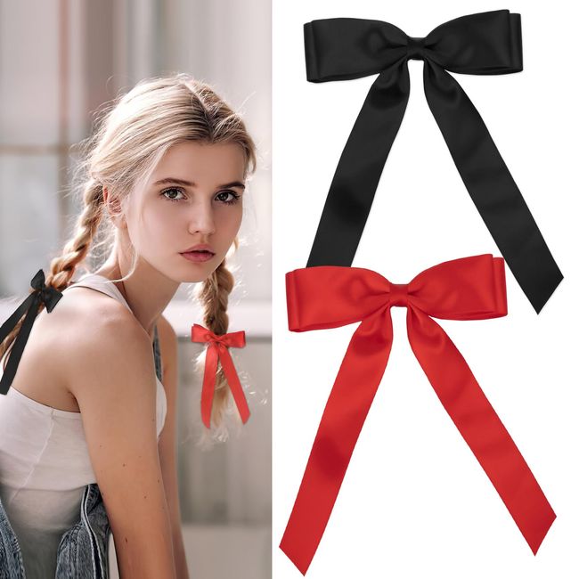 Hair Bow Hair Clips, Red Ribbon for Hair, Christmas Bows Hair Clips for Women,Red Hair Ribbon for Hair Bow,Black Red Hair Bow Clips,Cute Hair Accessories,Girls Hair Bows Barrettes for Girl Total 2PCS