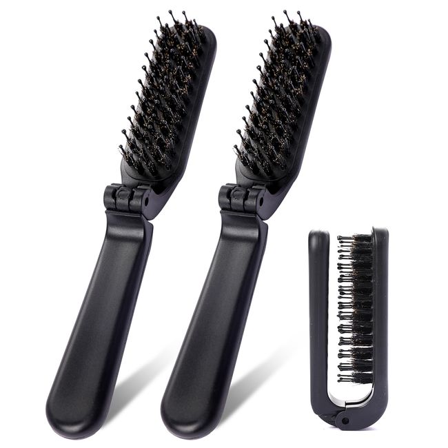 Foldable Brush for Purse, 2 Pack Portable Travel Size Brush with Natural Boar Bristle and Nylon Bristle,Small Folding Comb Mini Wet Hairbrush Compact Pocket Brush for Car Gym Bag Locker (Black)