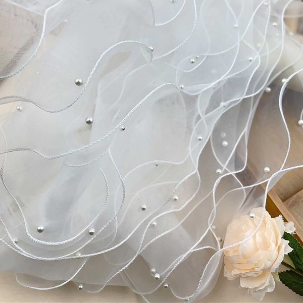 Ourkens Organza Ribbon, Triple Layered Beaded, DIY Handmade Lace Accessories, Wedding Dress, Skirt Hem Ornament, Dimensional, Ruffle Lace Ribbon, Sewing Material, White, Width 3.9 inches (10 cm), Length 39.4 inches (100 cm) (1-2 Seam Pieces)