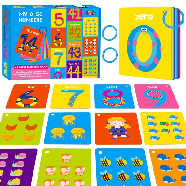 51 PCS Number Flashcards, 0-50 Double Sided Printed Cards with 2 Reclosable Rings, Learn Numbers, Learn to Count-Fun Learning and Educational Flashcards Learning Tool for Kids, Preschoolers, Toddlers