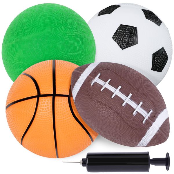 LovesTown 4PCS Sports Balls, Sport Ball Toy for Kids with Pump Football Soccer Ball Basketball Playground Ball for Toddlers Indoor & Outdoor Play