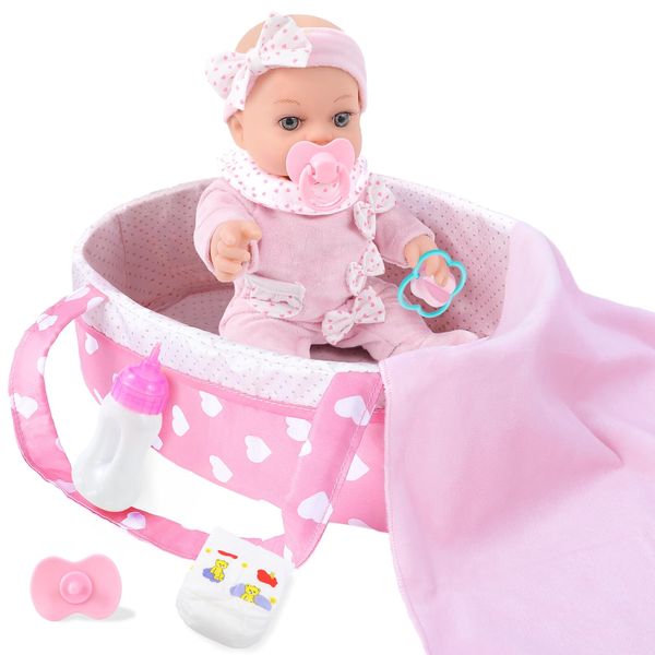 12 Inch Baby Doll Playset with Dolls Clothes and Accessories First Baby Dolls for Toddlers 3 Years and Up Includes Bassinet Bed, Blanket, Bottles, Nipple, Diaper, Toys