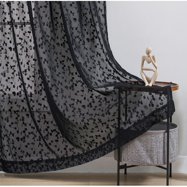 Black Lace Sheer Curtain for Living Room Bedroom Leaf Buds Pattern 54 Inch Length Drapes Light Filtering Embroidery Elegant Window Treatment Sets for Basement Laundry Room, Rod Pocket, 2 Panels