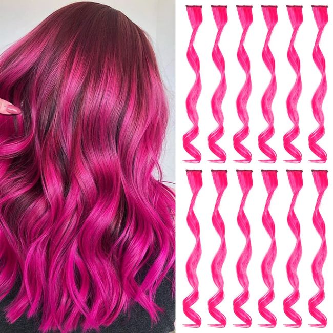 Hot Pink Farbige Haarverlängerungen Clip In für Mädchen 17 Zoll Bunte Lockige Gewellte Haarverlängerungen für Party Highlight Haar Zubehör Haarteile für Kinder Frauen (12 PCS Hot Pink)