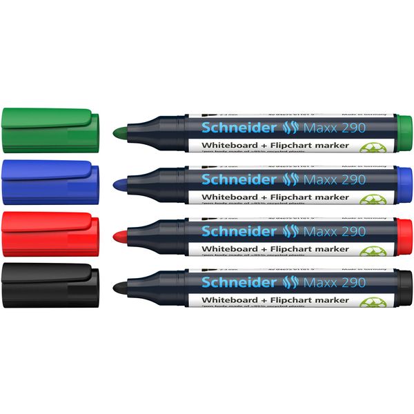 Schneider 129094 Maxx 290 Whiteboard Marker, 4er-Set, schwarz, rot, blau, grün