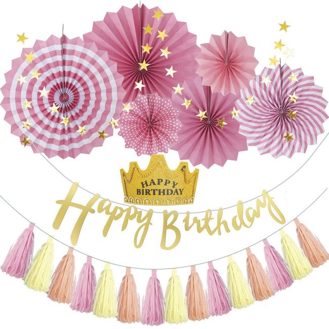 Hapipa Birthday Decoration, Garland, Happy Birthday, Popular, Decoration Set, For Girls, Adults, Crown, Headband (Pink, Paper Fan)