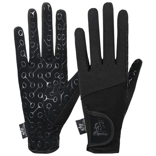 AFE Ladies Horse Riding Gloves Track Fabric Gloves Synthetic Leather Equestrian Black Stretch Fabric Silicone Printed Palms (Small)