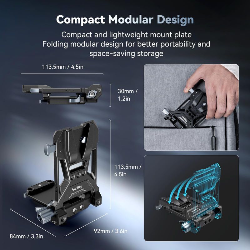 SMALLRIG V-mount Batterij Plaat, L-Shape Compact en Opvouwbaar V-lock Battery Mount Plate met 1/4-20 & 3/8-16 Threaded Holes, Clamp voor Arca- Swiss, Rekbare Basisplaat, Gereedschapsvrij - 4505