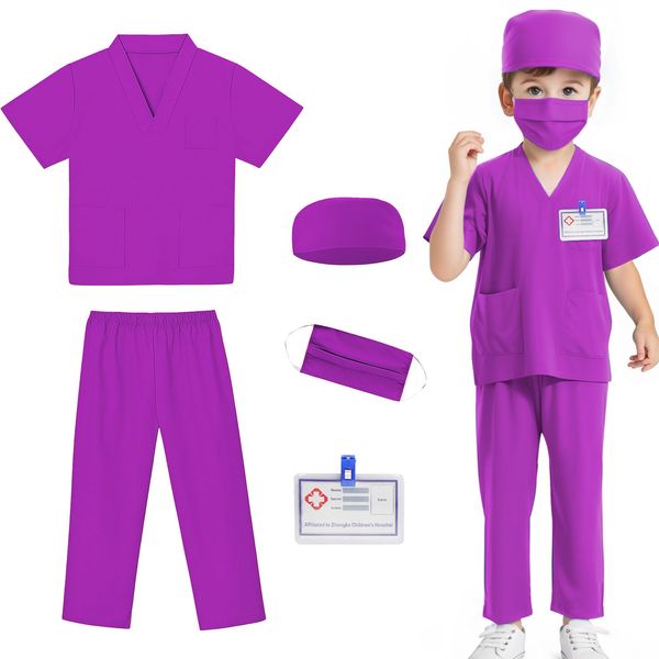 Mizzuco Doctor Costume for Kids,Toddler Nurse Scrubs Halloween Dress Up Cosplay For Boys Girls 3-12 Years (Purple, XXL-150CM/8-9yrs)