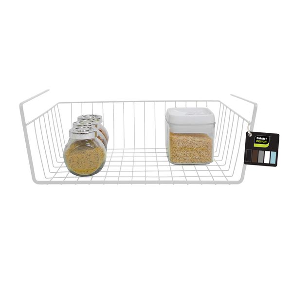 Smart Design Undershelf Storage Basket - Medium - Snug Fit Arms - Steel Metal Wire - Rust Resistant Finish - Cabinet, Pantry, Shelf Organization - Kitchen (16 x 5.5 Inch) [White]