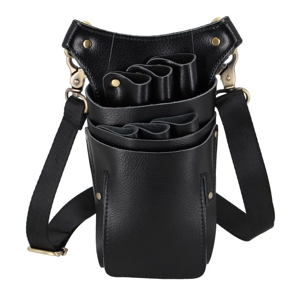 Hairdressing Scissor Pouch Belt, Real Leather Salon Barber Hairdresser Shears Holster Hair Stylist Tools Bag with Adjustable Belt for Combs, Hair Clip (Black)