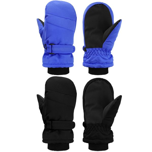 SATINIOR 2 Pairs Kids Snow Mittens Waterproof Winter Ski Gloves Warm Thicken Snow Gloves for Girls Boys (Royal Blue, Black, 5-8 Years)