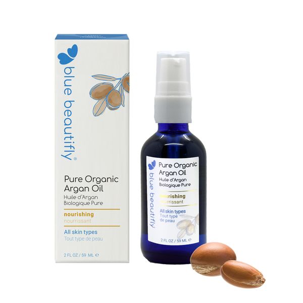 Blue Beautifly Pure Organic Argan Oil | Restores Skin Elasticity, Strengthens Hair Strands | USDA Certified Organic | Unrefined, Virgin, and Cold Pressed | Full of Essential Fatty Acids | 2 fl oz