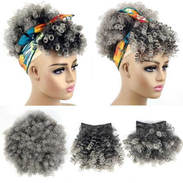 Afro Puff Drawstring Ponytail with Bangs Pineapple Updo Hair for Black Women,Short Kinky Curly Ponytail Bun with 2 Bangs(#1B/GRAY)