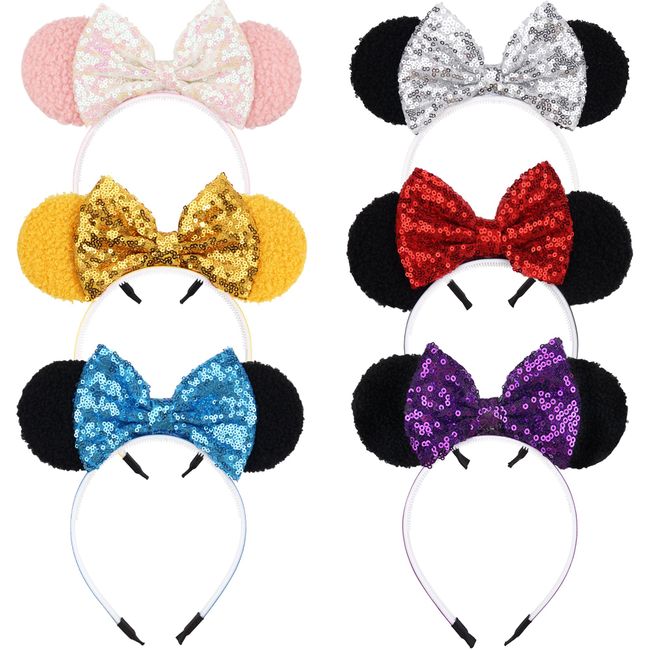 Qearl 6 Pieces Minnie Ears Headbands Sequin Mouse Ears Hair Accessories for Theme Park Costume Party Decoration for Toddlers Girls