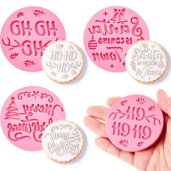 3 Pcs Merry Christmas Cookie Stamp Pink Fondant Embosser Acrylic Icing Fondant Stamp Santa Shortbread Mould Christmas Cake Decorations Baking Tools Accessories for Xmas Cupcake Pastry Biscuit